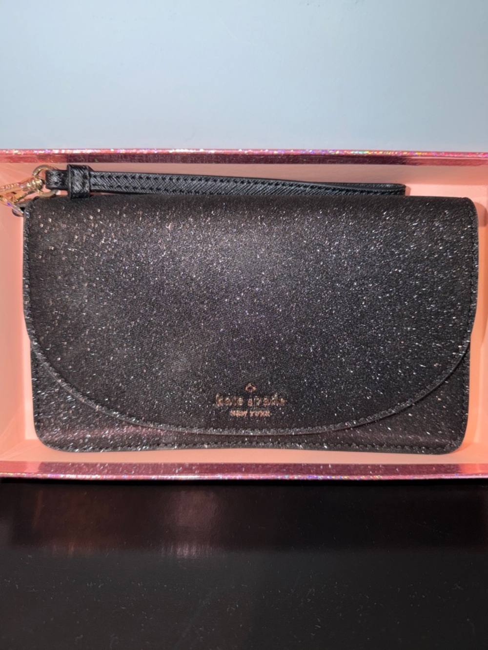 Kate Spade Black Glitter Joeley Wristlet with Gift Box